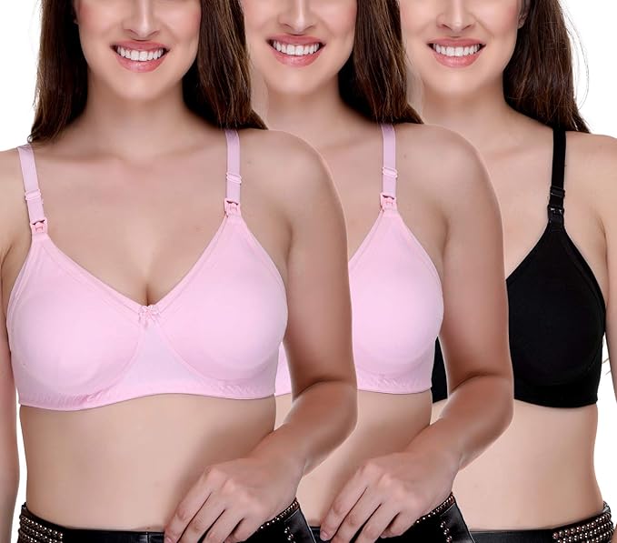 Women's Feeding Bra Full Cup Hosiery Cotton Breastfeeding Nursing Maternity (Multicoloured) Combo Pack of 3