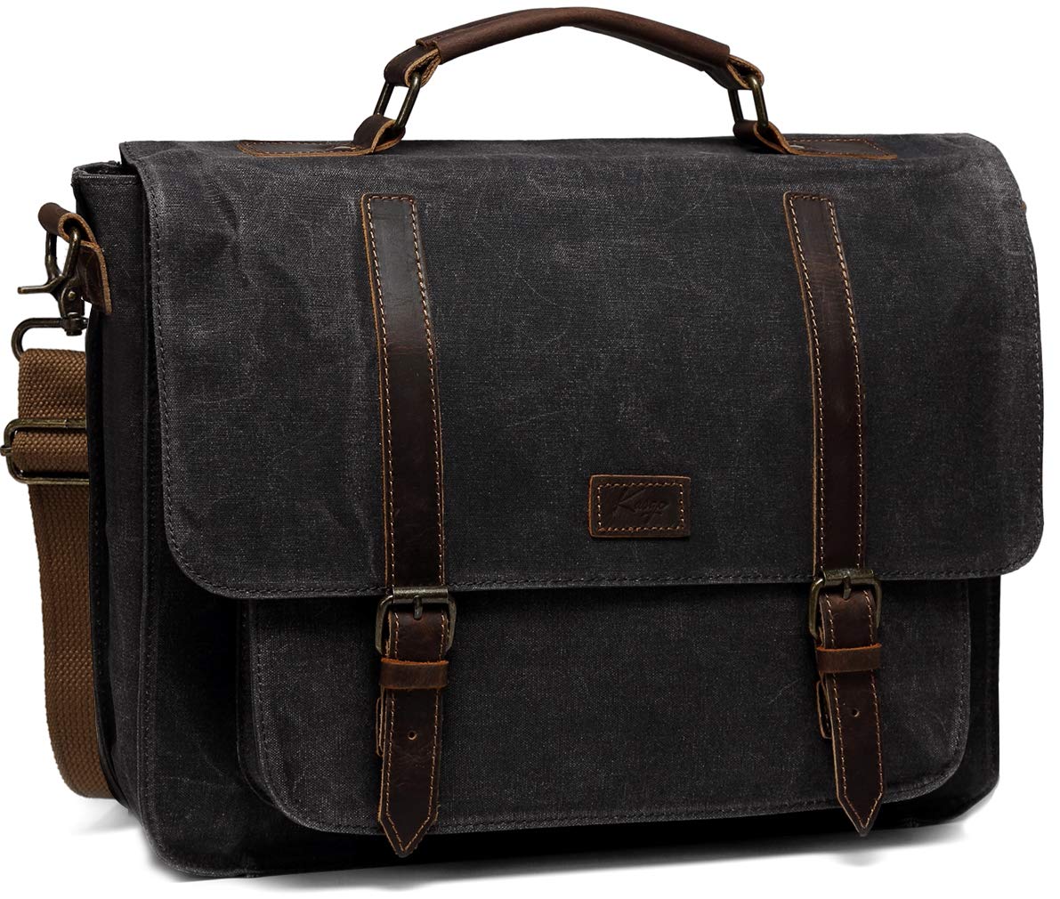 Kasgo Messenger Bags for Men, 15.6 inch Waxed Canvas Laptop Satchel Bag Vintage Leather Crossbody Shoulder Bag Business Briefcase with Removable Strap, Dark Grey