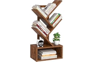 SHEEPAM Small Tree Book Shelf,5 Tier Black Tree Bookshelf,Brown Desktop Bookcase,Modern Desk Display Storage Bookshelves,Floor Standing Organizer Bookcases for Living Room,Bedroom,Office-White-Brown