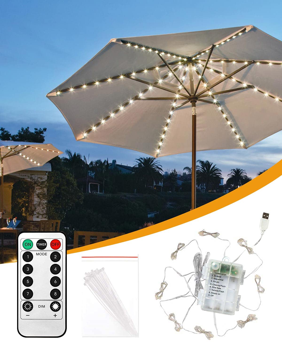 Parasol Lights, 8 Modes Patio Umbrella Light With 104 LEDs, Waterproof Battery Powered or USB Port, Dimmable With Timer Remote Control for Outdoor Garden Decor (Warm White)