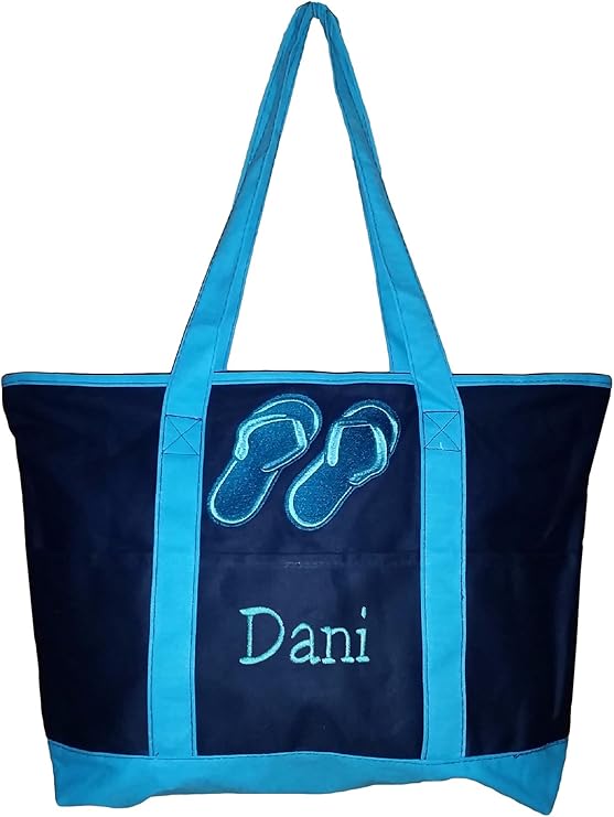 Large Embroidered Ocean Themed Zipper Top Beach Bag Tote
