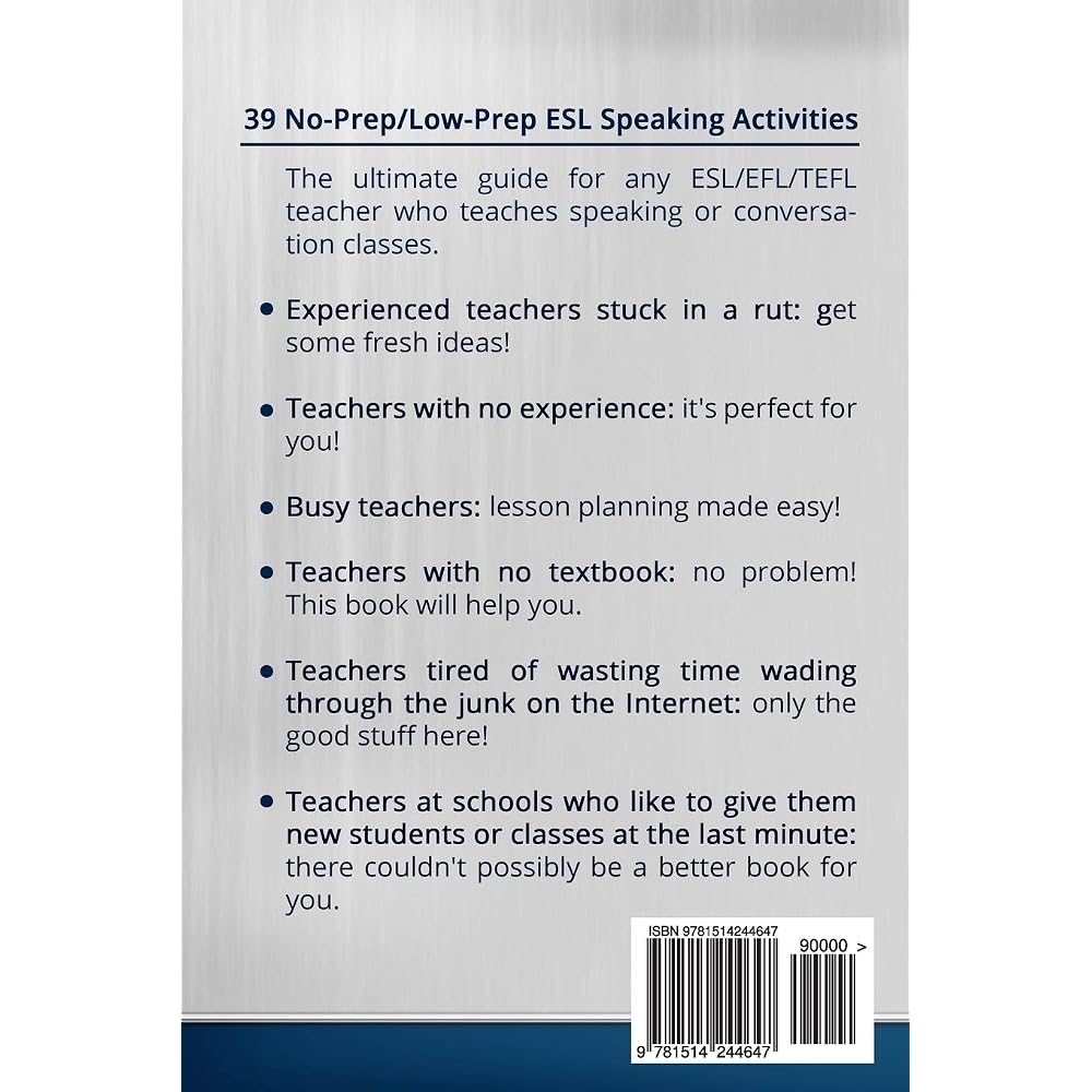Buy 39 No-Prep/Low-Prep ESL Speaking Activities: For Teenagers and Adults:  1 (Teaching ESL Conversation and Speaking) Paperback – 4 Jun. 2015 Online  in Indonesia. 1514244640