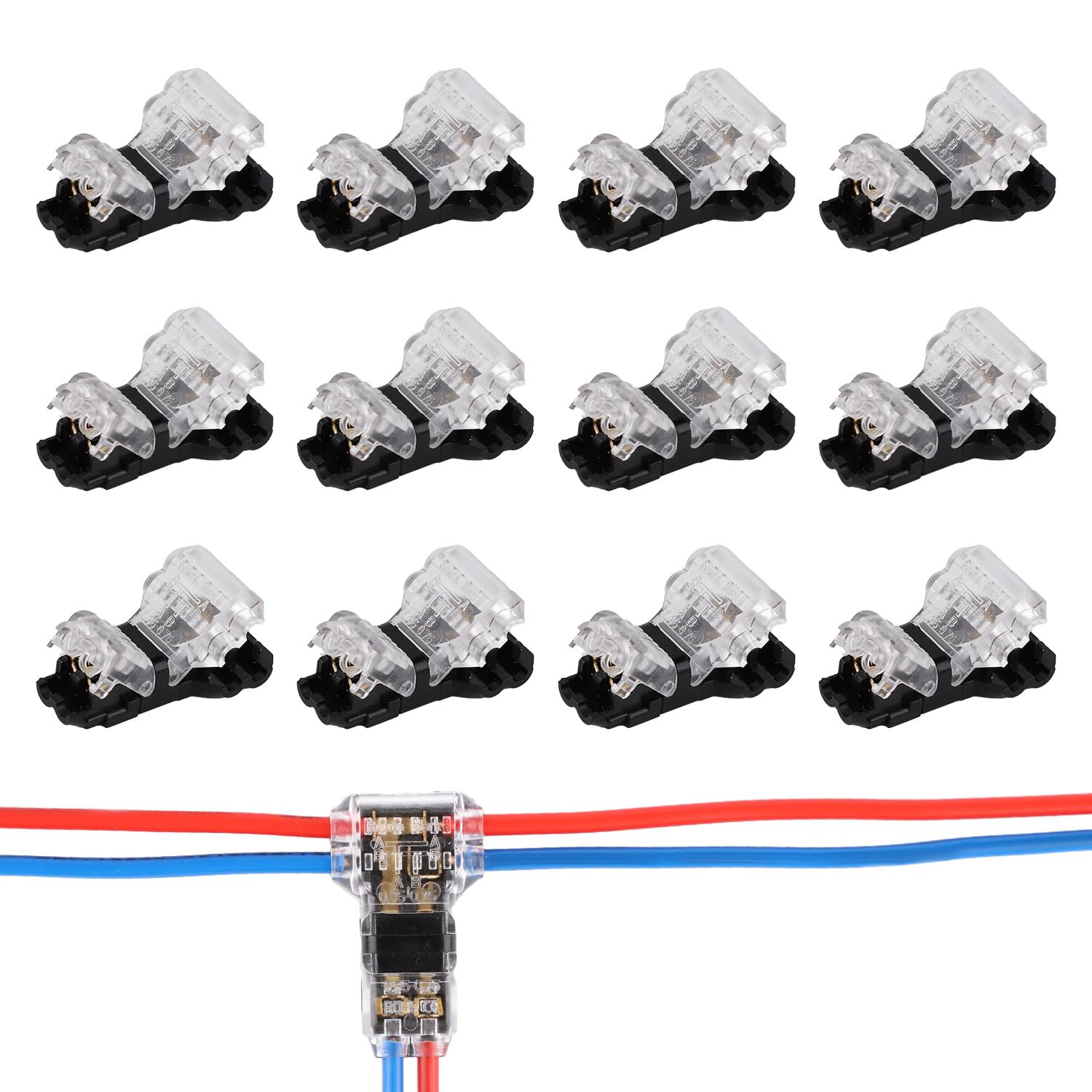 12pcs Low Voltage Wire Connector, T Type Wire Connectors 2 Pin 3 Way Wire Splitter Connector No Stripping Wire Splice Connectors T Tap, for 18-22 AWG, LED Strip, Audio, Vehicles