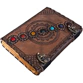 KMAAC leather bound journal book of shadows vintage leather journal deckle edge paper antique spell book wiccan seven stone chakra journal unlined lock daily notebook sketchbook 10x7