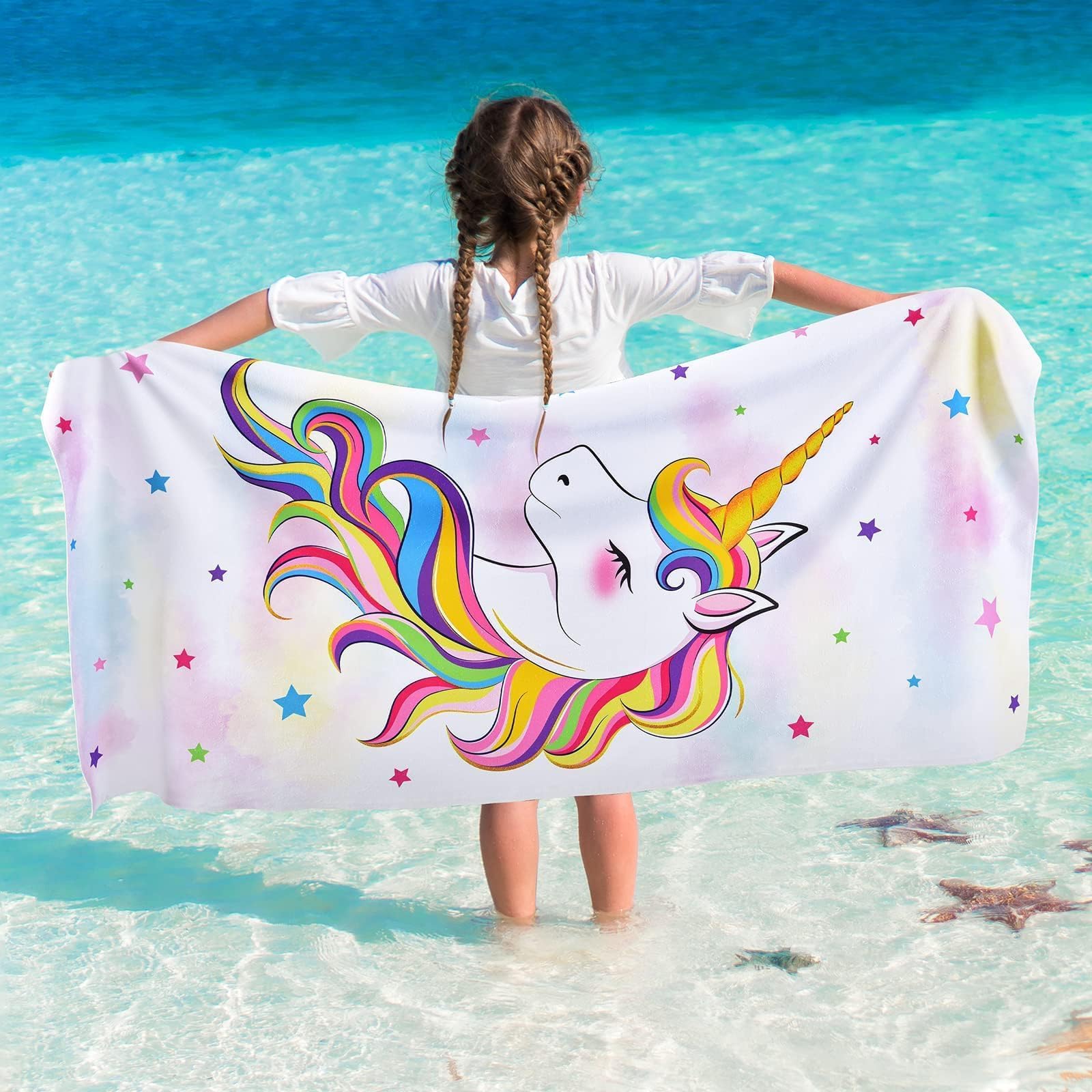 WERNNSAI Unicorn Beach Towel for Girls - 76 x 150cm Kids Sand Free Swim Towels for Girls Bath Pool Camping Travel Towel Quick Dry Ultra Absorbent Super Soft Beach Blanket Bath Shower Towel