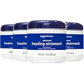 Amazon Basics Healing Ointment &amp; Skin Protectant for Dry &amp; Cracked Skin, Chapped Lips, Minor Cuts and Scrapes, Lip Repair Moisturizer, Fragrance Free, 14 oz, 4-Pack