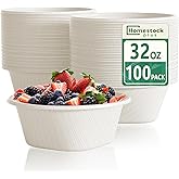 Homestockplus 32 Oz Deep Paper Bowls [100 Pack] - Large Disposable Soup Bowls Heavy Duty, Leakproof Compostable Bowls for Ramen, Chili, Salad, Microwave Safe Commercial Containers (White)
