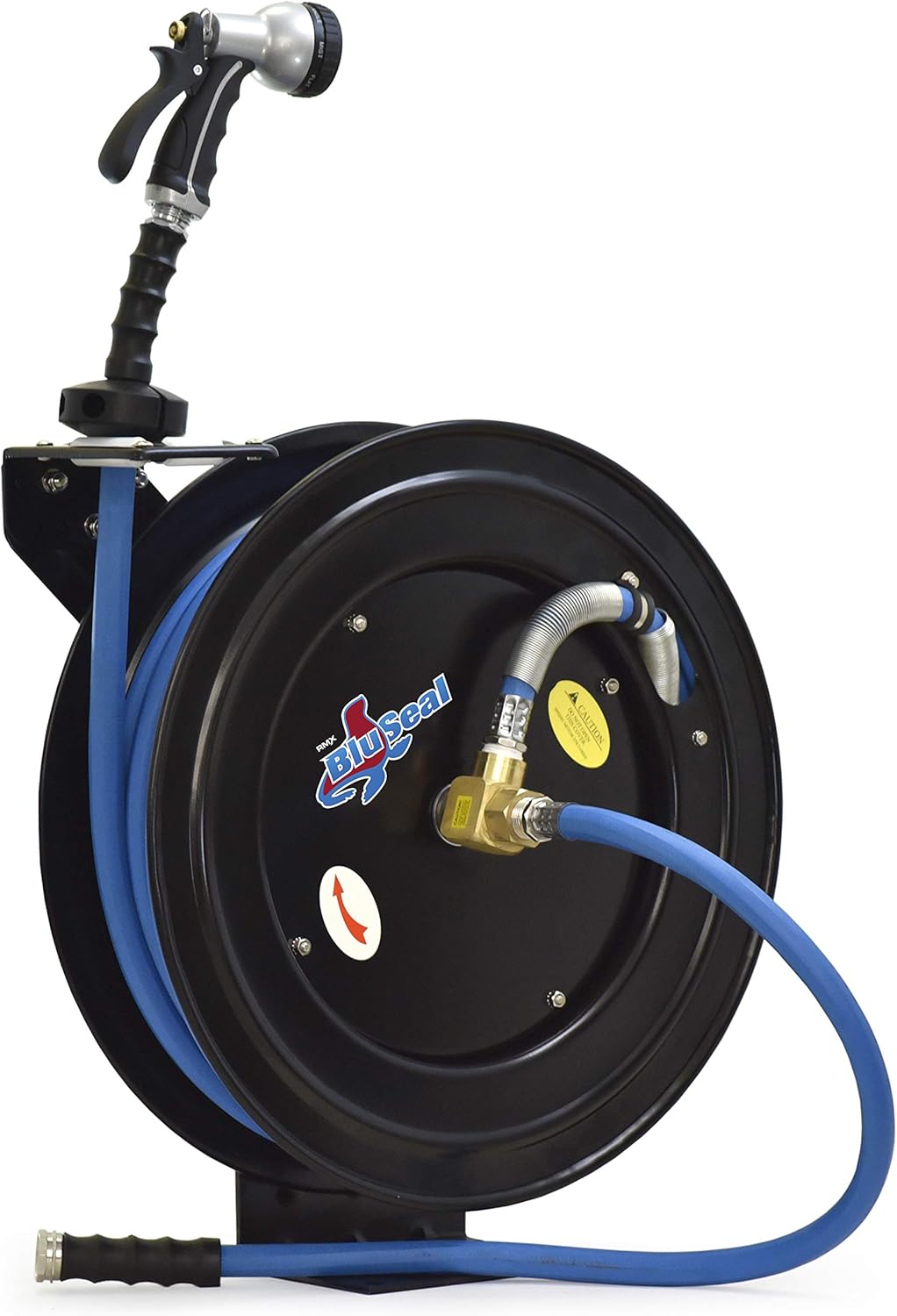BluBird RMX BluSeal Retractable Water Hose Reel w/ Hot Water Rubber Hose 5/8" x 50' + 6' Lead-in + 9 Pattern Spray Nozzle - BSWR5850: Automotive