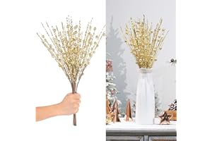 SY Super Bang 10 Pack Christmas Tree Decorations, Artificial Gold Glitter Berry Stems Picks Sprays Twigs Branches, for Winter Xmas Tree Vase Filler Home Holiday Decor.