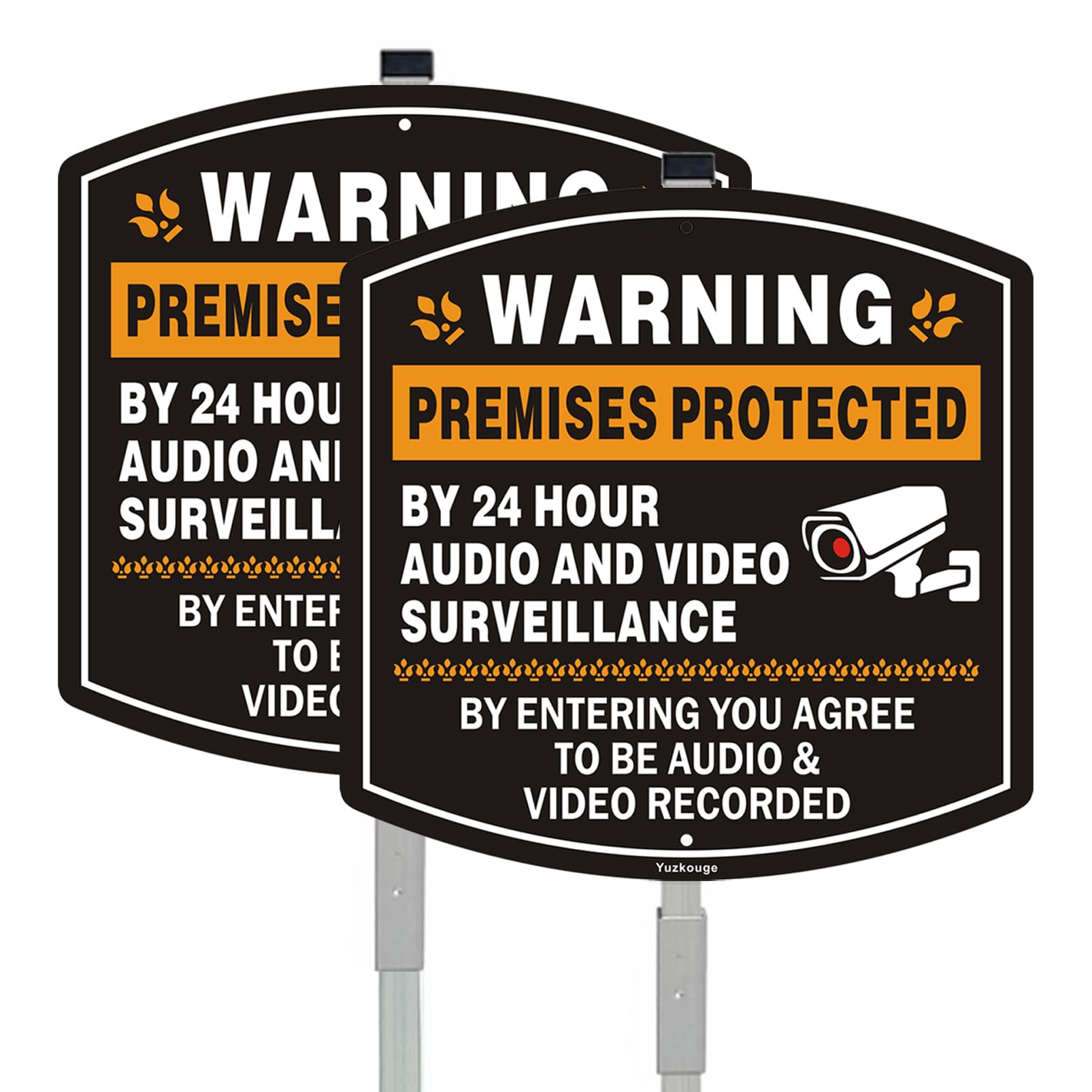 Yuzkouge 2-Pack Warning Premises Protected by 24-Hour Audio-Video Surveillance Sign, 35-Inch Stake, 12” x 12” Aluminum No Trespassing Sign for House, Lawn, and Business