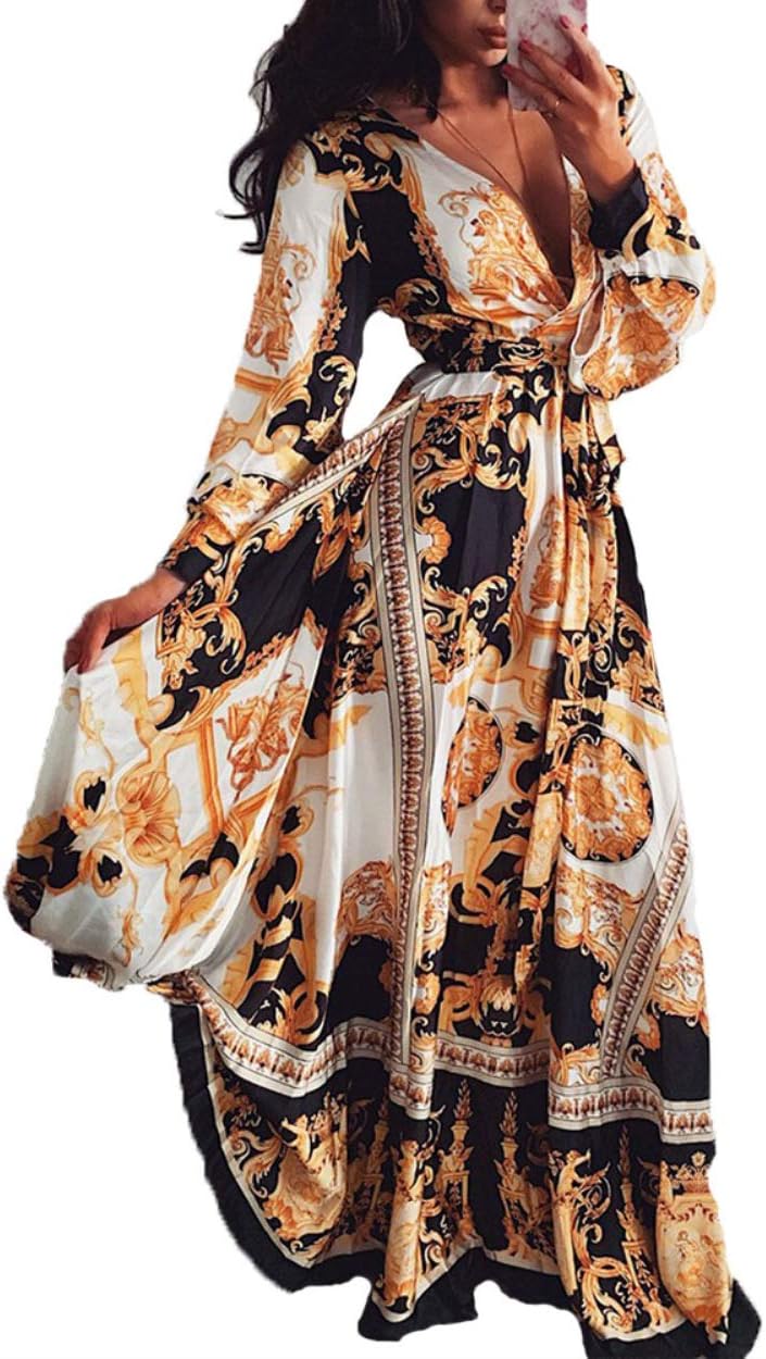 suanretWomen V Neck Long Sleeve Elegant Vintage Casual Maxi Dress Printed Cocktail Prom Gown High Waist Dress Summer Baggy Beach Sleeveless Skirt