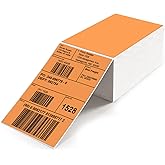 YIKIADA Orange Direct Thermal Labels 4 × 6 Inch Vinyl Self-Adhesive Fanfold Shipping Stickers Waterproof Perforated Printer Decal for Office School Warehouse 500 PCS
