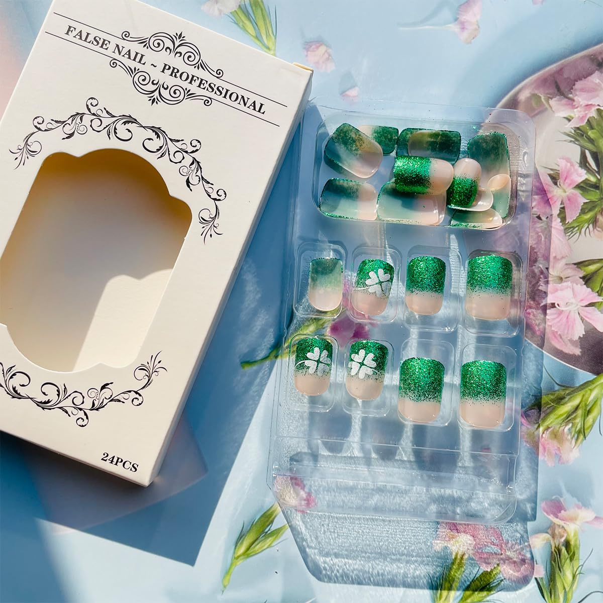 24Pcs St. Patrick's Day Press on Nails Short Square Fake Nails Irish Holiday Nails Design Green Glitter French Tip Glue on Nails Lucky Shamrock Acrylic False Nails Decorations for Women Girls - Image 4