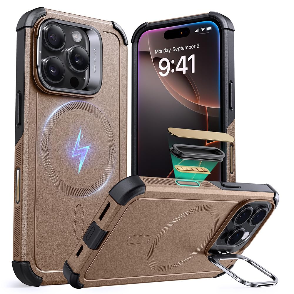 Photo 1 of ESR for iPhone 16 Pro Case with Stash Stand, Camera Control, 23FT Military-Grade Shock-Absorbing Drop Protection, Compatible with MagSafe Accessories, Magnetic Cyber Series, Gold