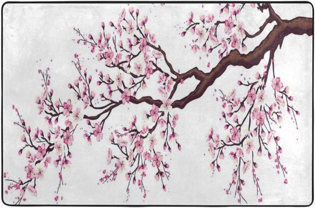 Flourishing Sakura Tree Flowers Cherry Blossoms Living Room Floor Carpets,Rubber Non Slip Indoor/Outdoor Large Area Rugs 72"" x48