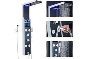 ELLO&ALLO LED Rainfall Waterfall Shower Head Rain Massage System with Body Jets & Hand Shower Stainless Steel Bathroom Shower Panel Tower System, Black and Silver