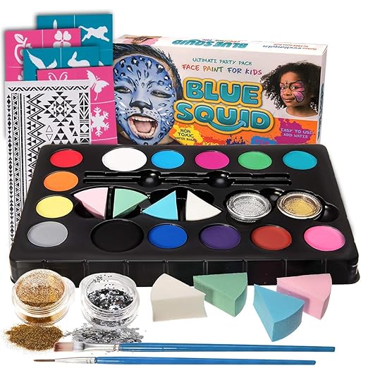Blue Squid Face Paint Kit 14 Color, 30 Stencils, 4 Professional