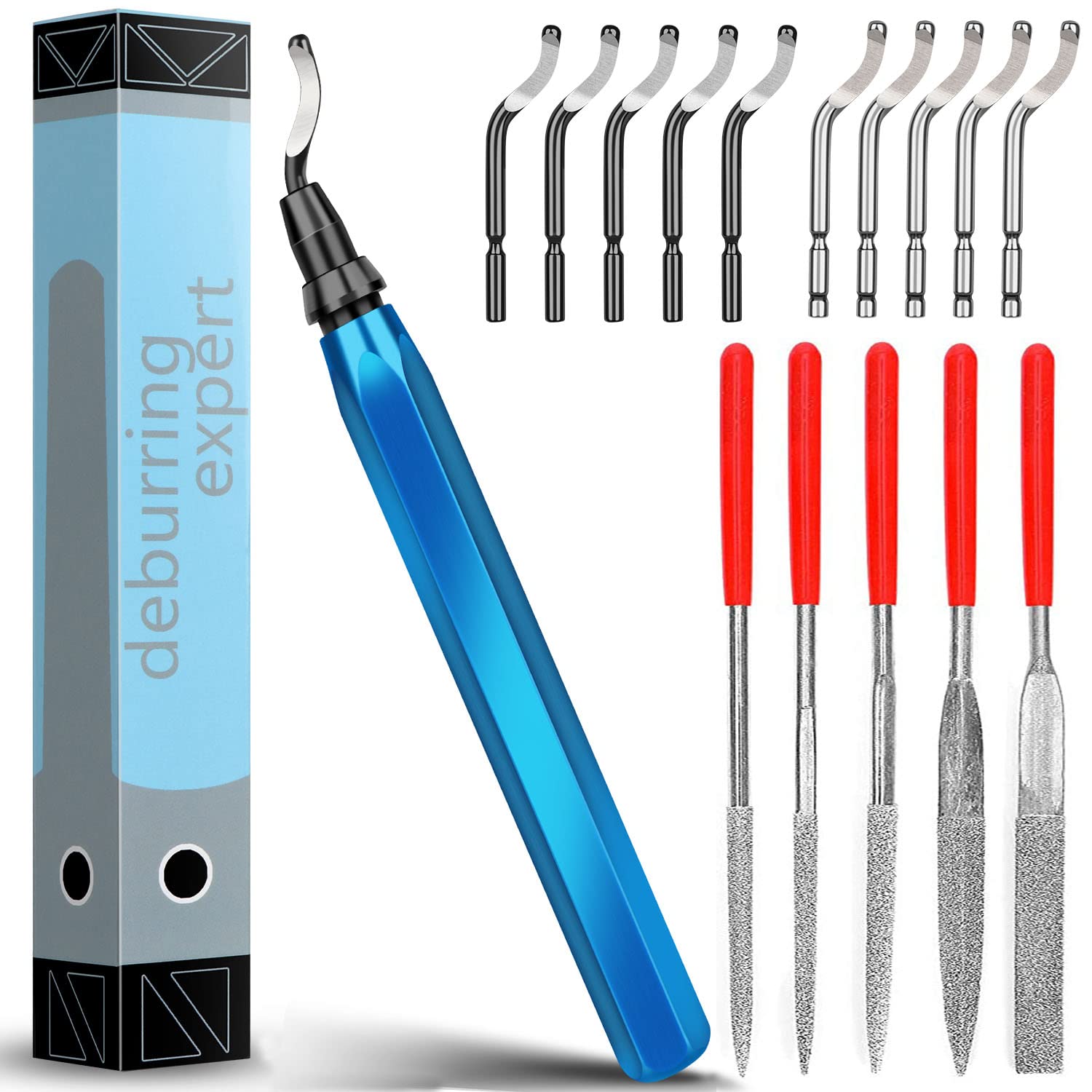 Heeieuk Metal Handle Hand Deburring Tools with 10 Piece Replacement and 5 Diamond File Set for Cutting & Polishing 3D Printers, Plastic, Aluminium and Stainless Steel