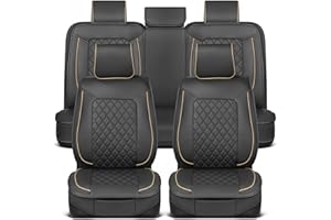MotorBox Prestige Faux Leather Seat Covers, Semi-Custom Fit Car Seat Covers Full Set, Automotive Interior Cover for Car Truck Van SUV, PU Leather Car Seat Covers for Superior Feel & Durability - Beige
