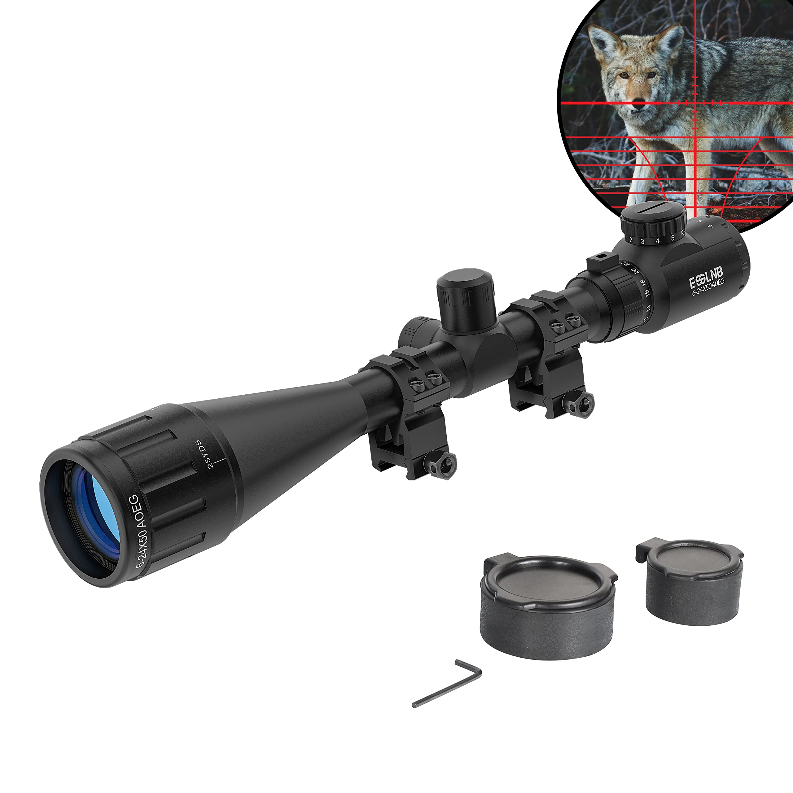 ESSLNB Air Rifle Scope 6-24x50 with Mil-Dot Rangefinder AOEG 5 Brightness Settings Red Dot Sight with 20mm/22mm Picatinny Rail Mount and Covers for Hunting