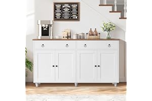 4 EVER WINNER Sideboard Buffet Cabinet with Storage, 55” Mid Century Coffee Bar Cabinet Station Table w/ 2 Drawers & 4 Doors, Kitchen Buffet Storage Cabinet with Adjustable Shelf for Dining Living Room, White