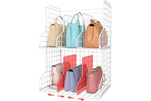 SONYABECCA Purse Storage Organizer for Closet : Adjustable 2-Pack Dividers Handbag Organizer - Stackable Wire Handbags Storage Baskets -Open Cabinets Wallets Tote Chain Bags Clutches -White