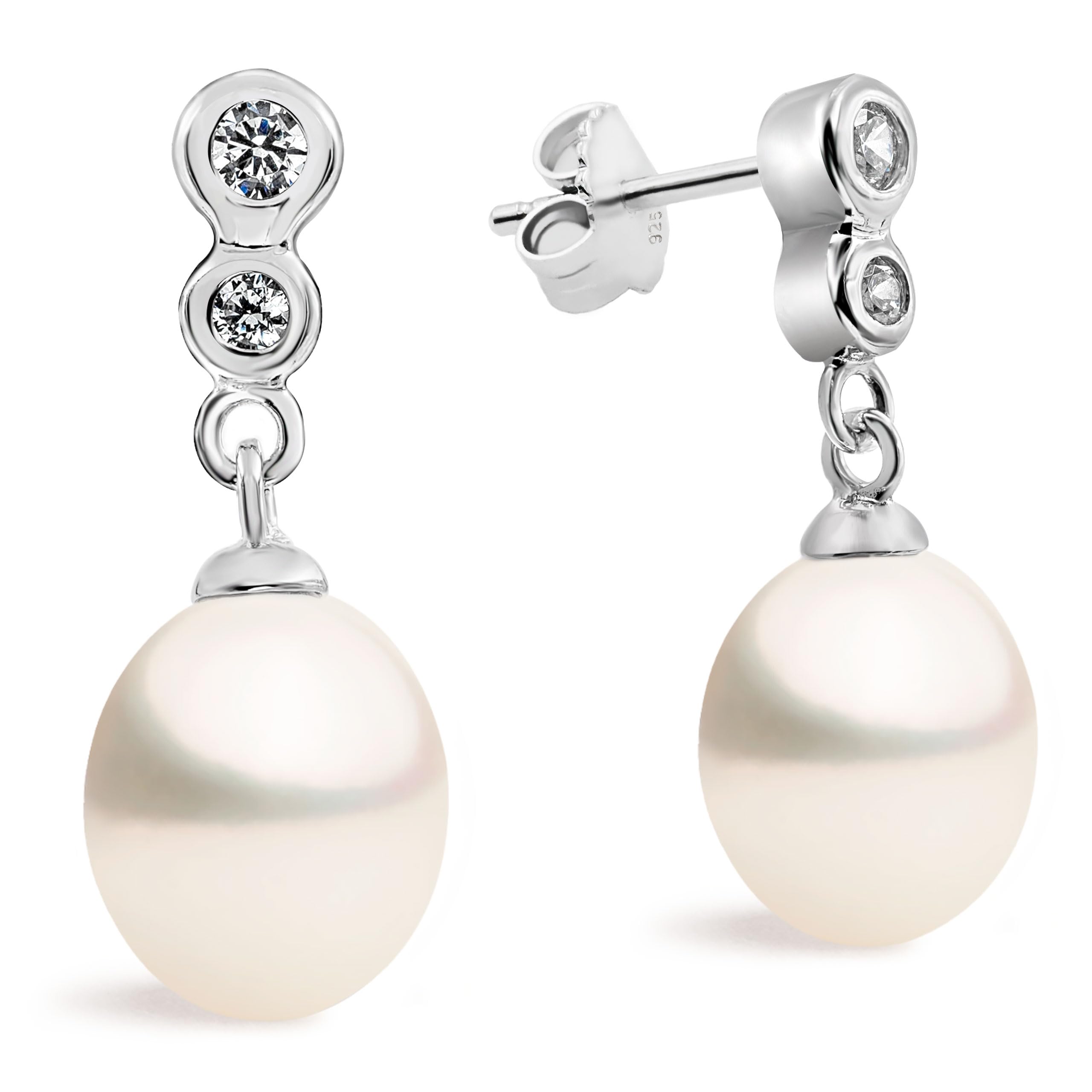 Women Pearl Earrings Freshwater Cultured Pearls Drop Shape 7 to 8 mm by SECRET & YOU | Rhodium-plated Sterling Silver 925.