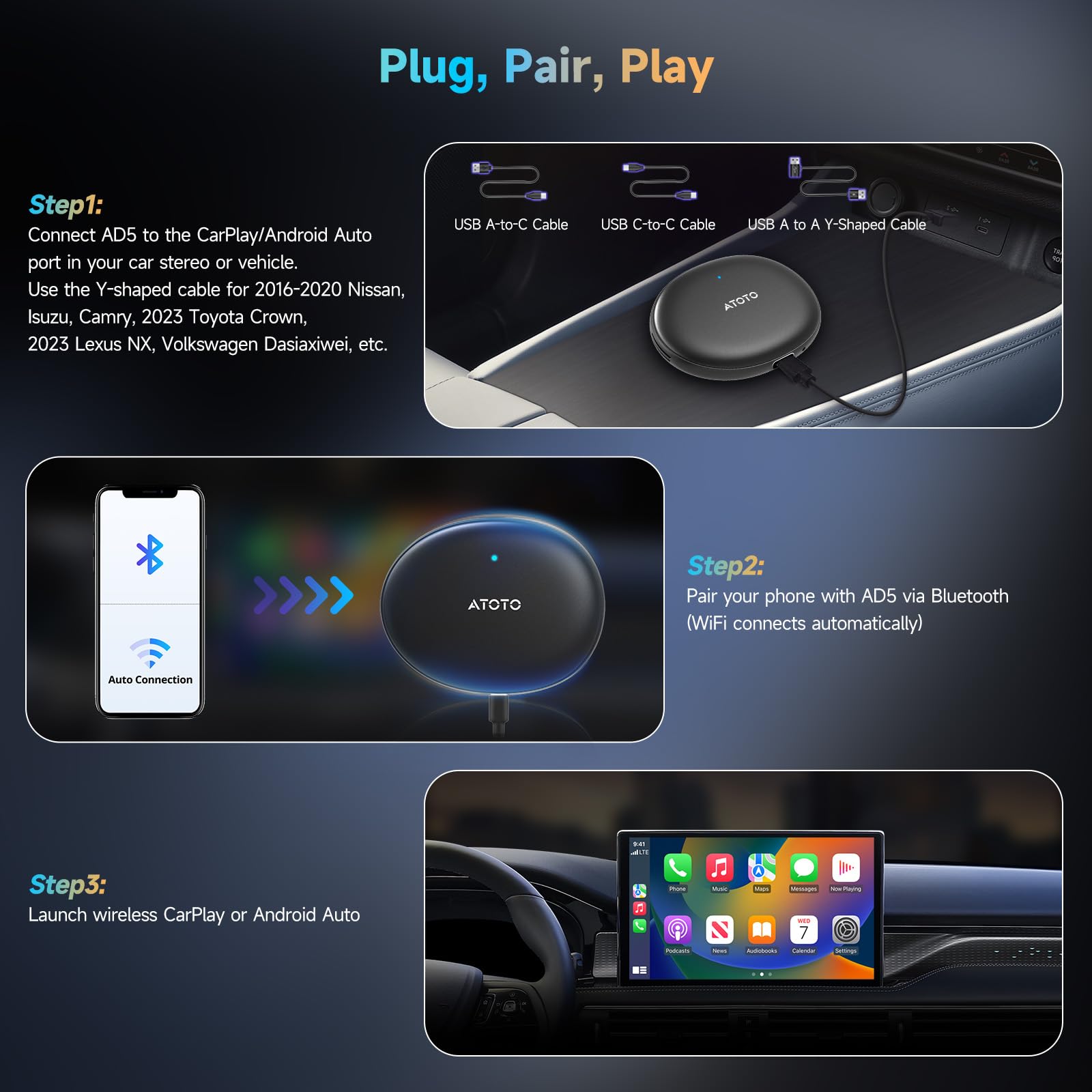 ATOTOZONE AD5 Adattatore Wireless CarPlay & Android Auto, Car Video Box Plug & Play, Aggiornamento 2025 Ai Box CarPlay con Netflix, YouTube, Dual Wi-Fi, Bluetooth, ChatGPT, Nero Grigio