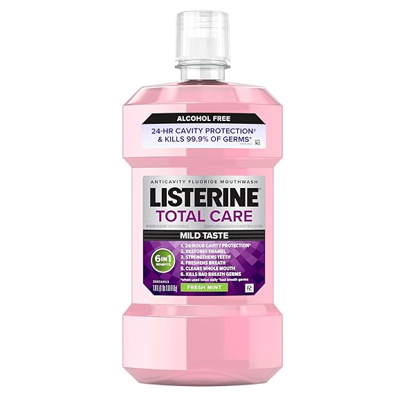 LISTERINE TOTAL CARE ALCOHOL FREE ANTICAVITY FLUORIDE MOUTHWASH, 6 BENEFIT ORAL RINSE TO HELP KILL 99.9% OF GERMS THAT CAUSE BAD BREATH, STRENGTHEN TEETH, RESTORES ENAMEL, FRESH MINT FLAVOR, 1 L