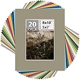 Mat Board Center, Pack of 20, 8x10 for 5x7 Mixed Colors Photo Picture Mats - Acid Free, 4-ply Thickness, White Core - for Pictures, Photos, Framing
