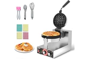 POPFOODEX Belgian Waffle Maker, 110V Industrial Waffle Maker w/Non-Stick Coating and Adjustable Temperature (122-572°F), 1200W Rotary Commercial Waffle Machine w/Timer, Restaurants and Food Trucks