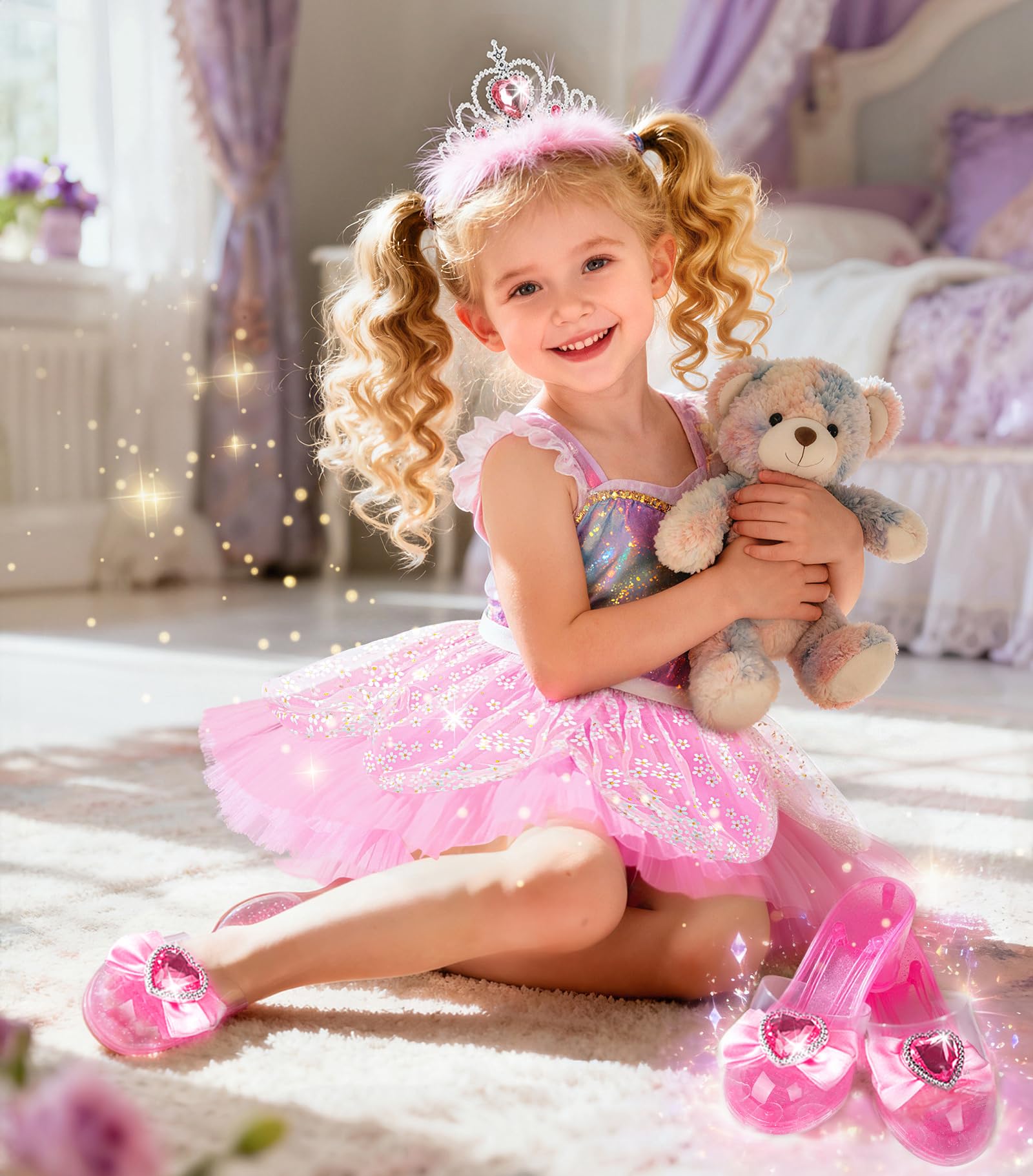 Jeowoqao Dress up Shoes Princess Dresses for Girls, Little Girls Princess Dress up Clothes Set 1pc TuTu Skirt with 3ps Skirt Veils, Play Toys for Girls Age 3 4 5 6 Years Birthday Gift