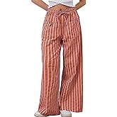 WOWULOVELY Women Casual Striped Drawstring Pants Wide Leg Pants with Pockets Elastic Trousers Loose Lounge Pajama(Orange-M)