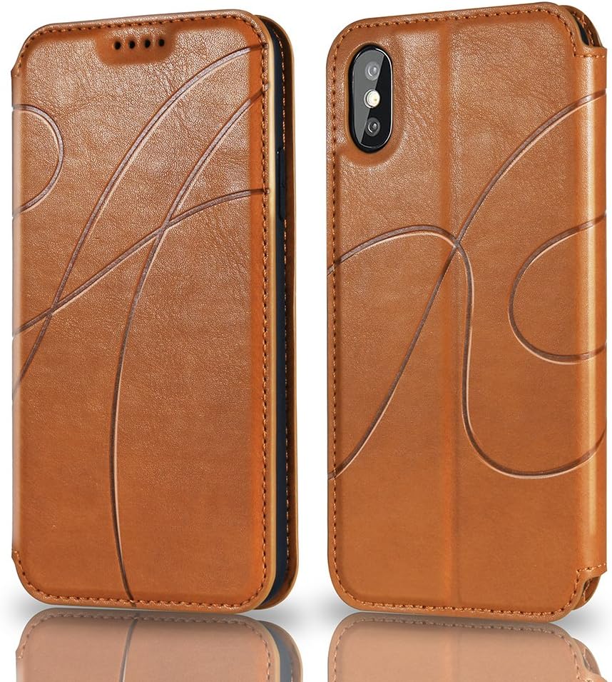 REEXIR iPhone X/XS Case, Leather Wallet Case [Kickstand] [3 Card Slots] [Magnetic Closure] Slim Folio Flip Case Cover for Apple iPhone X/XS (Dark Brown)