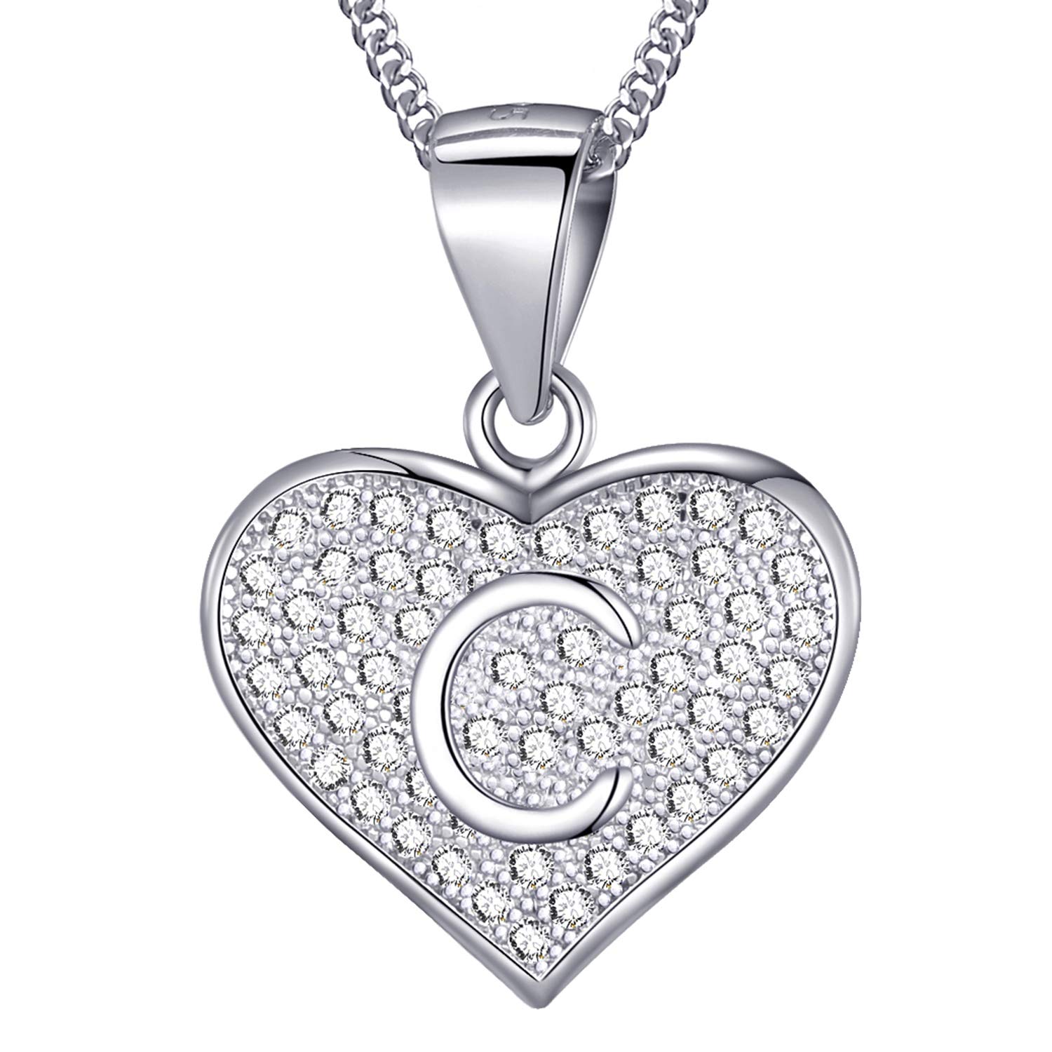 MASADA 925 Sterling Silver Heart Letter Necklace - Initial Pendant with Zircon Stones - Letter C - Personalised Alphabet, Teens & Girls - 46 cm - 18 inch Chain in Velvet Bag