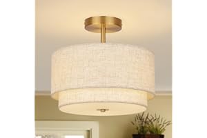 VEXAGYLE Semi Flush Mount Ceiling Light Fixture,12.6'' Gold Light Fixtures Ceiling Mount, Modern Close to Ceiling Light with 2-Layer Linen Shade,Farmhouse Drum Ceiling Light for Bedroom Hallway Living Room