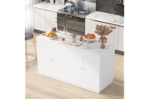 AIEGLE Kitchen Island with Storage Cabinet, Stationary Kitchen Table with 4 Doors, 3 Open Shelves & 6 Drawers, Coffe Bar & Kitchen Prep Table with Marble Grain Tabletop for Dining Room, White
