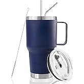 DYNAMIC SE 30 oz Tumbler With Handle, Double Wall Stainless Steel Vacuum Insulated Travel Mug with Splash-Proof Lid Metal Straw and Brush (Navy)