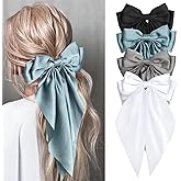 MIKONIKO Silky Satin Hair Bows - 4PCS Ribbon Bows for Women & Girls, Big Bow Hair Clips with Long Tail, Barrettes - Cute Hair Accessories Gifts (Black, Blue Grey, Grey, White)