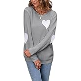 shermie Women's Cute Heart Pattern Elbow Patchwork Knitted Sweaters Long Sleeve Crew Neck Casual Pullover