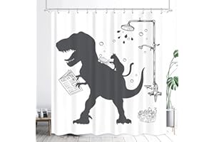 LGhtyro Funny Dinosaur Kid Shower Curtain Bathroom Set 60Wx71H Inches Cartoon Dino Cat Trex Animal Raptor Silhouette Shadow Bath Accessories Black White for Boys Art Home Decor Fabric 12 Pack Hooks