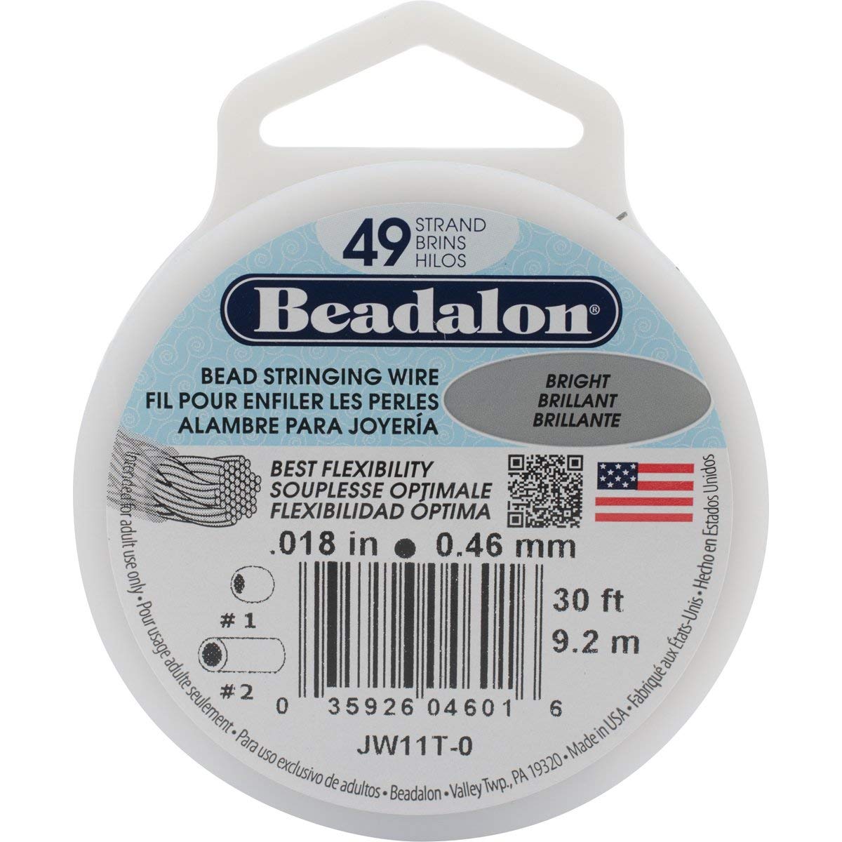 Beadalon Stringing Wire 49-Strand .018" X30'-Bright, Silver, Steel, 0.46mm/9.2m