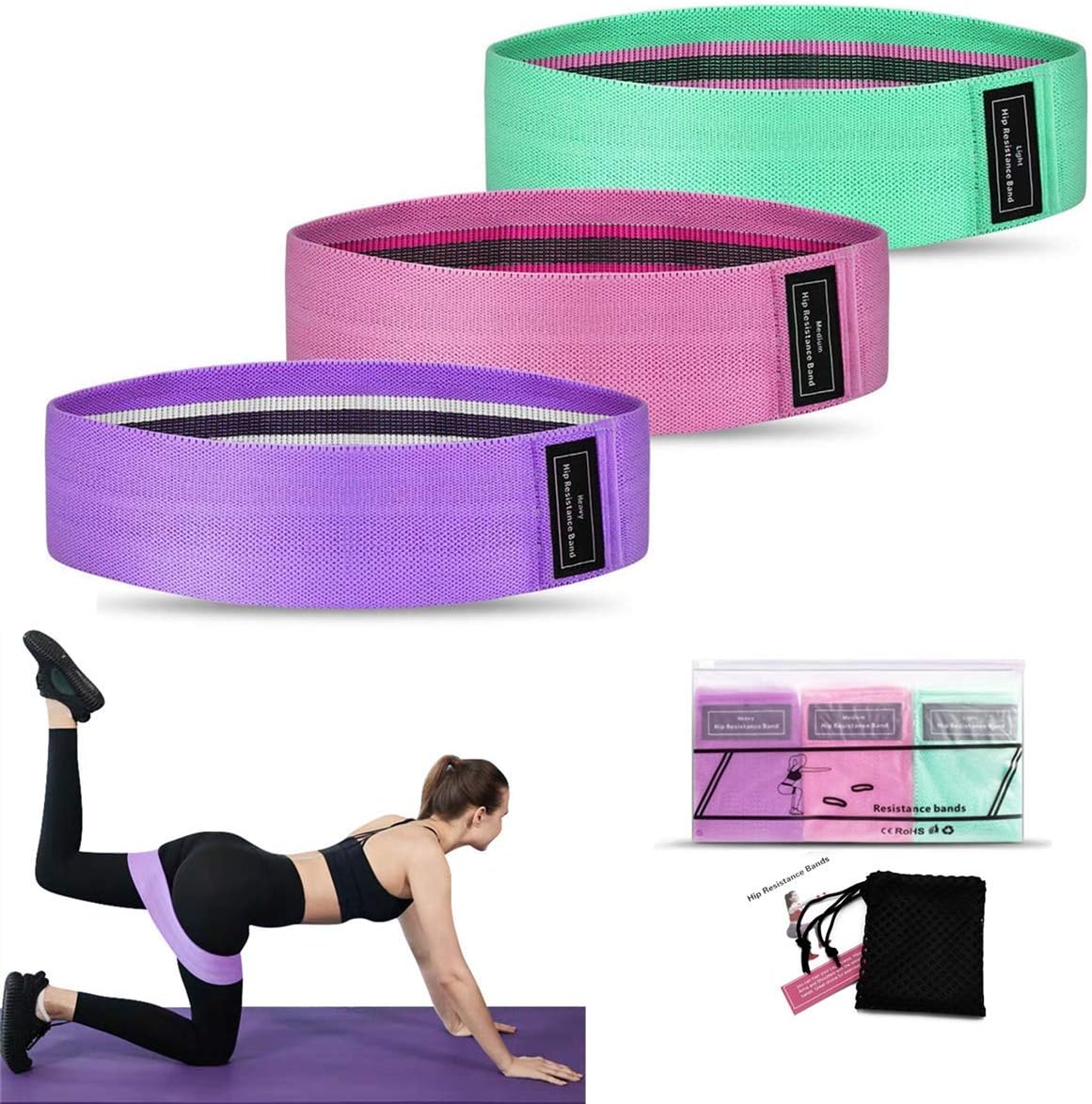Resistance Bands [Set of 3], Fabric Resistance Hip Bands Set with 3