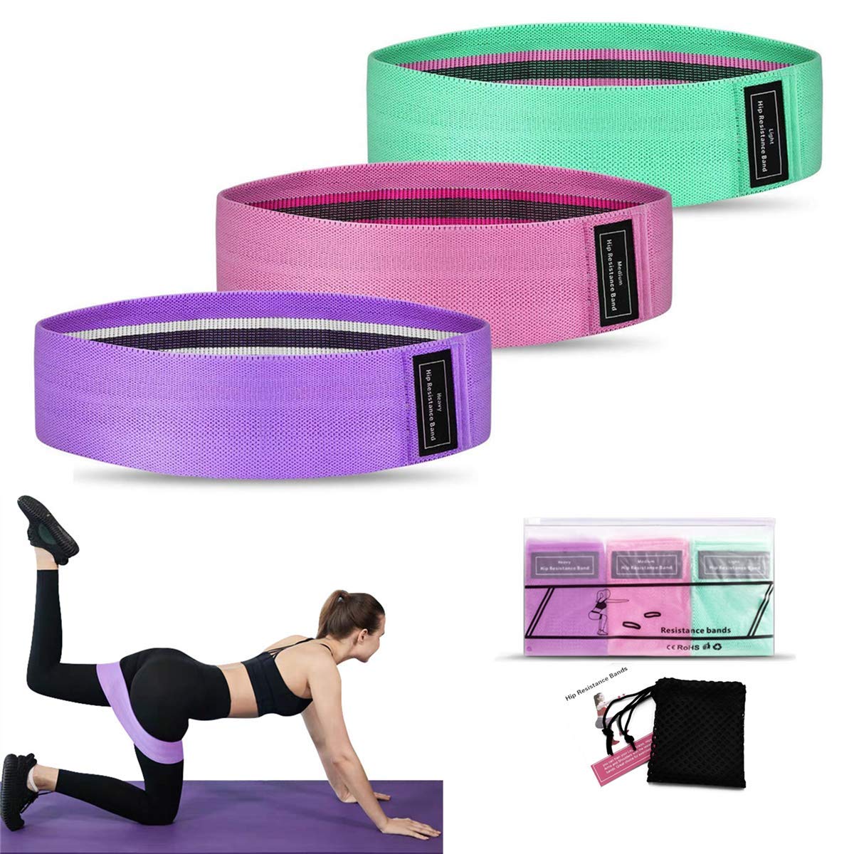 Resistance Bands [Set of 3], Fabric Resistance Hip Bands Set with 3 Resistance Levels for Hips & Glutes,Workout Booty Bands for Women and Men, Great for Strength Training,Yoga,Pilate,Fitness