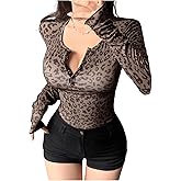 SHENHE Women's Leopard Print Ribbed Knit T Shirts Long Sleeve Slim Fit Henley Tops Clubwear