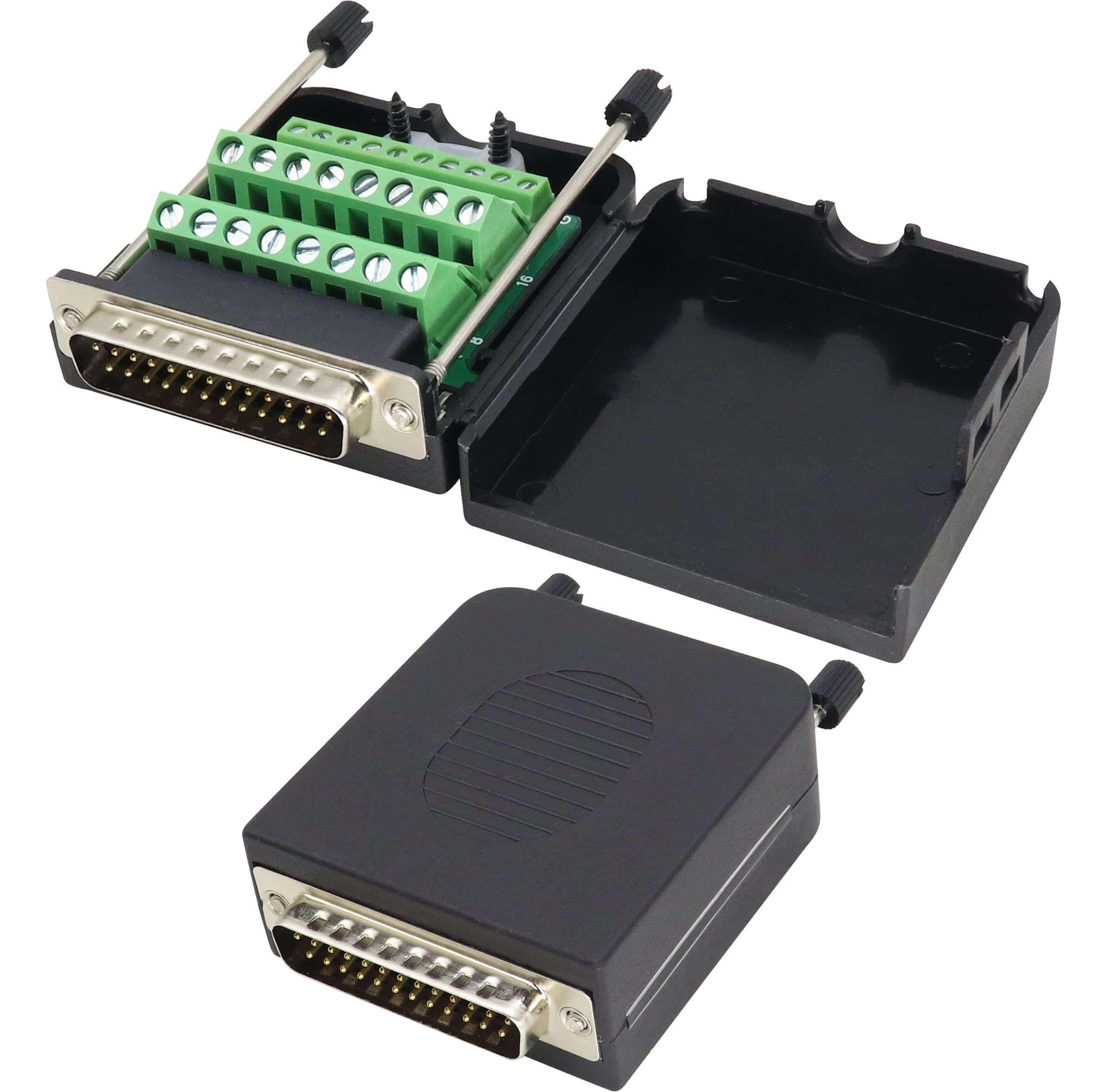 AAOTOKK DB25 Long Bolt Screw Adapter D-SUB DB25 Male Jack Port to 25 Pin/Way Female Terminal Breakout Board Connector with Case&Screw (2-Pack/Male-Bolt)