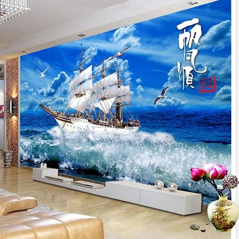 Amazon 3d壁紙海の波帆船自然風景壁画壁紙家の装飾リビングルーム 250x170cm 壁紙