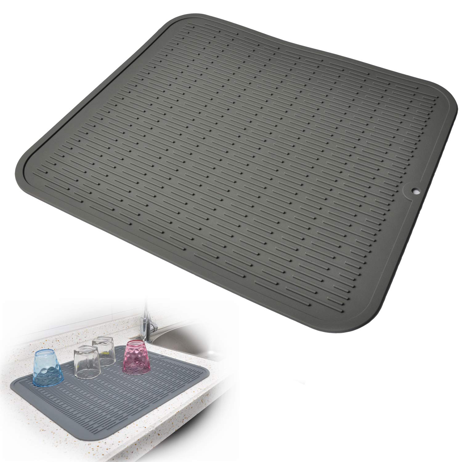 Silicone Dish Drying Mat - 100% Eco Friendly Kitchen Dish Drainer Mat For Wine Glass,Baby Bottle,Cup, Anti-Bacterial / Heat Resistant Trivet / \