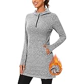 WOWENY Women's Fleece Lined Dress Hooded Long Sleeve Sweatshirt Tunic Dress Quarter Zip Polar Winter Pullover With Pocket Grey M