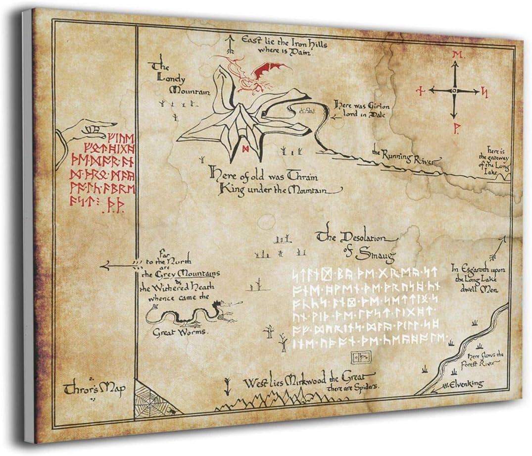LP ART Canvas Print Wall Art Thorins Map Lord of The Rings Picture Painting for Kids Baby Bedroom Modern Home Decor Ready to Hang Stretched and Framed Artwork 16''x20''